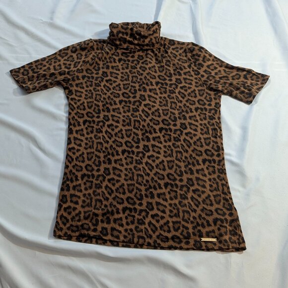 Michael Kors Size Small Leopard Print Short Sleeved Turtleneck Top - Picture 1 of 12
